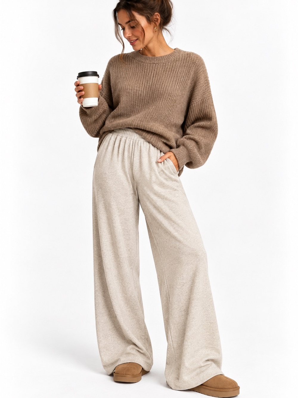 C&C California Wide Leg Lounge Pants Oatmeal Beige XS